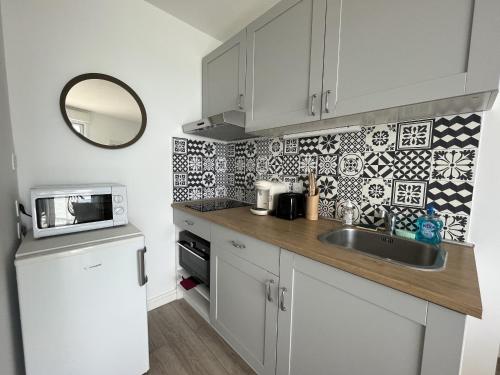 une petite cuisine avec un évier et un micro-ondes dans l'établissement Cap Sud, à Saint-Gilles-Croix-de-Vie