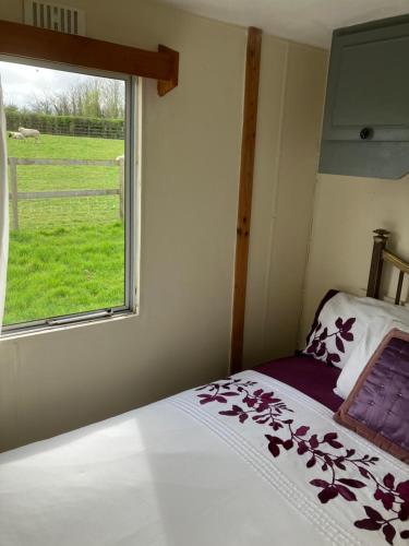 Un dormitorio con una cama y una ventana con un campo en Retro Mobile glamping - Near Dartmoor walks, en Exeter