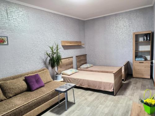 a living room with a bed and a couch at Уютная квартира возле ТЦ Вавилон, Ж/м Солнечный, Малиновского 12, 1-к in Dnipro