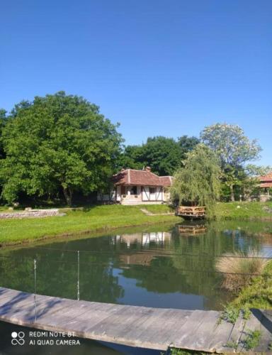 a view of a pond with a house in the background at Vodenica Lug in Strmosten