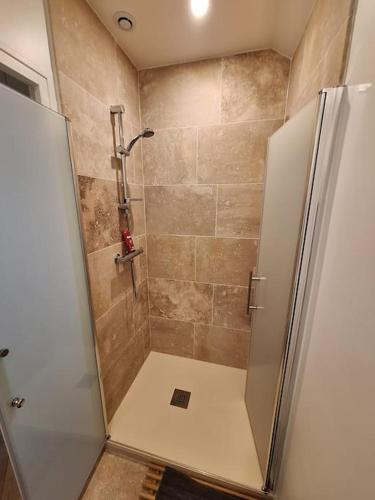 une douche avec une porte vitrée dans une salle de bain dans l'établissement Appartement 35 m² dans le Marais, à Paris