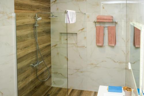 a shower with a glass door in a bathroom at Nest Apartments in Gjakove