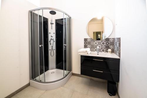 a bathroom with a shower and a sink at Hypercenter flat, secure private parking in Fontainebleau
