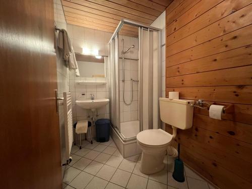 a bathroom with a white toilet and a sink at Winkelhof in Oberstdorf