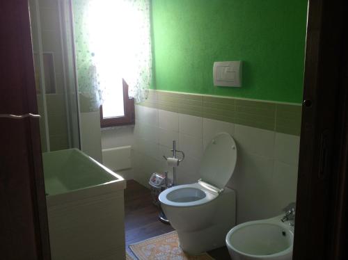 a green bathroom with a toilet and a sink at S'apposentu in Aritzo