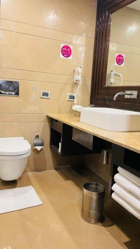 a bathroom with a toilet and a sink and a mirror at Royal Orchid Central Kireeti Hampi, Hospet in Hampi
