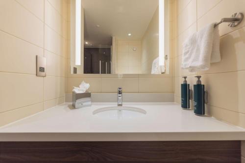 a bathroom with a sink and a mirror at Hilton Garden Inn Birmingham Airport Uk in Bickenhill