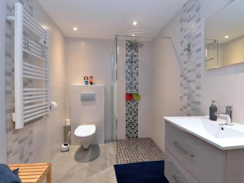 uma casa de banho com um chuveiro, um WC e um lavatório. em GÎTE **** L'ATELIER DU TONNELIER em Ribeauvillé