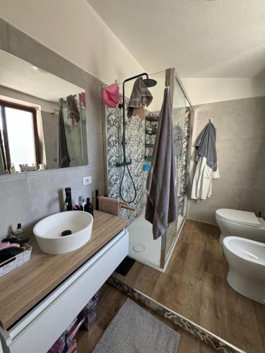 een badkamer met een wastafel en een toilet bij Tziu Peppi in Mògoro