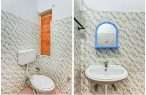 twee foto's van een badkamer met toilet en wastafel bij Hotel Moon Near Sea Beach & Jagannath Temple - Best Seller in Puri