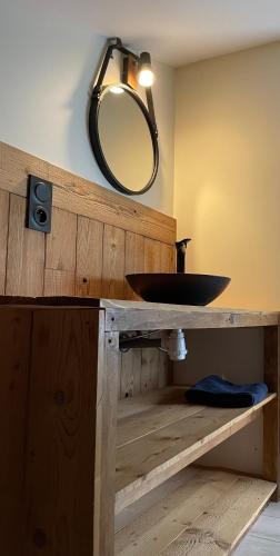 une salle de bain avec un lavabo et un miroir dans l'établissement Les Loutrons, à Cornimont