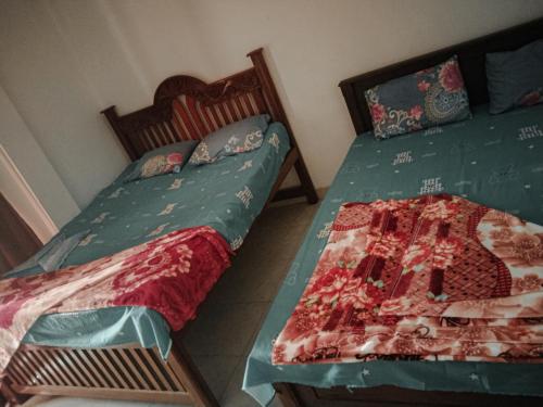 een slaapkamer met 2 aparte bedden en groene lakens bij Green Haven Guest Inn in Badulla