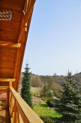 a view from the porch of a cabin with trees at Agroturystyka w Świcie in Tuchola