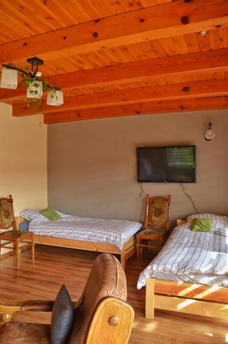 a room with two beds and a flat screen tv at Agroturystyka w Świcie in Tuchola