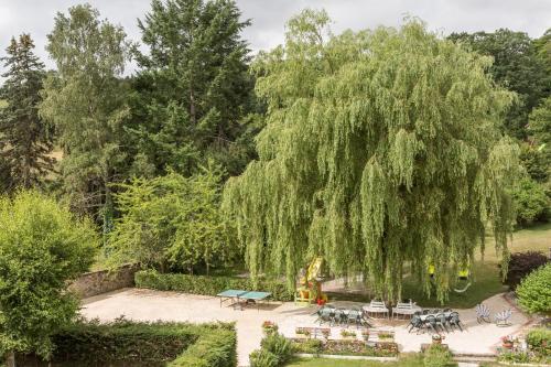 a large weeping willow tree with tables and chairs at Logis SPA Hotel Restaurant De La Poste in Tence