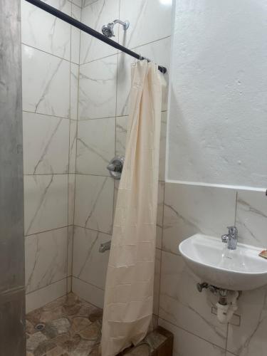 a bathroom with a shower and a sink at Cozy Studio Tobago in Scarborough