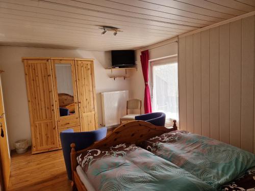 a bedroom with a bed and a cabinet and a television at Pension Arbersonne in Bayerisch Eisenstein