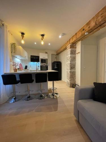 un salon avec un canapé et une cuisine dans l'établissement Magnifique T2 -Au creux du Jura- Saint Claude, à Saint-Claude
