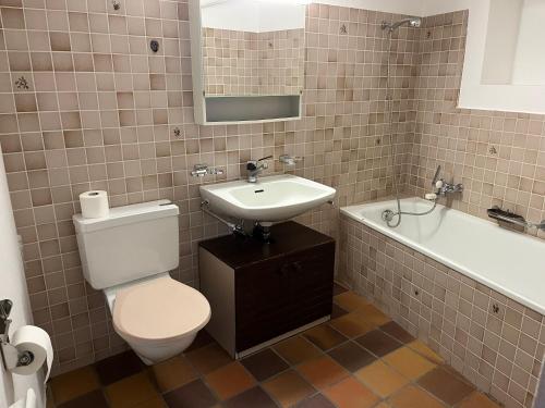 a bathroom with a toilet and a sink and a bath tub at Doppelstöckige Familienwohnung in Ftan im Unterengadin in Ftan
