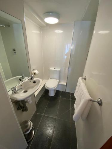 a bathroom with a white toilet and a sink at Farina No1, Sea view studio sleeping 2 guests in Bridlington