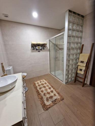 a bathroom with a shower and a sink and a rug at Casa das Leiras - Mondim de Basto in Mondim de Basto