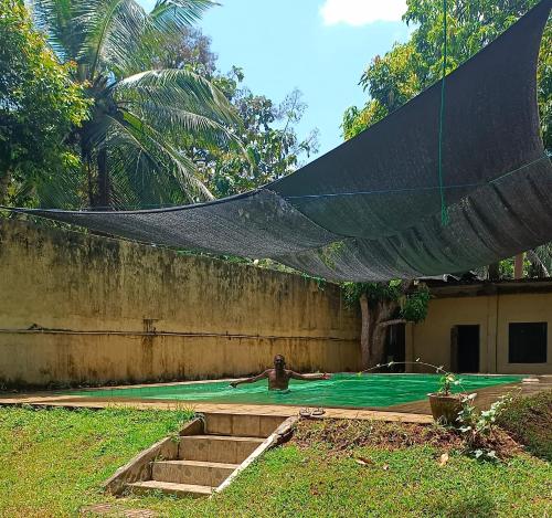 un filet au-dessus d'une piscine dans une cour dans l'établissement Ficus Peace Villa by Mamisa Café, à Habarana