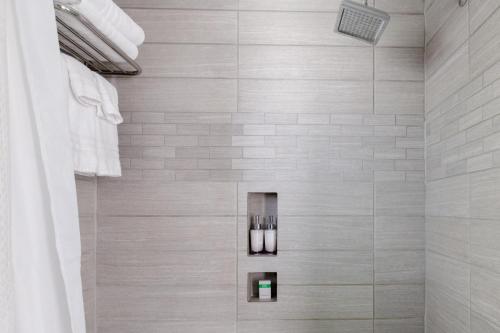 uma casa de banho com um chuveiro com azulejos em Dog-friendly Downton Annie #4 em Asheville