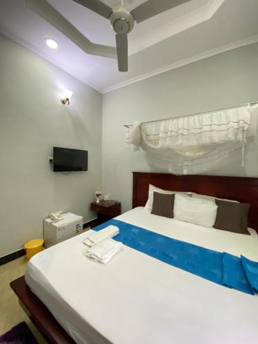 a bedroom with a bed and a tv in it at Magdon Lodge in Dar es Salaam