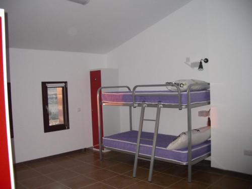 a room with two bunk beds and a mirror at Hostel El Castillo in Aniñon