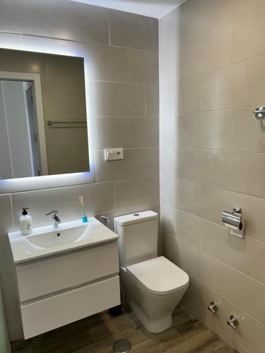 y baño con aseo, lavabo y espejo. en Newly Renovated 2 Bedroom Beachfront House en Sitio de Calahonda