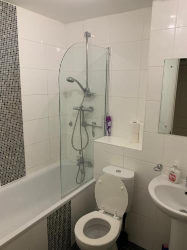 uma casa de banho com um chuveiro, um WC e um lavatório. em 1 bed Flat Service Apartment Beckenham em Beckenham