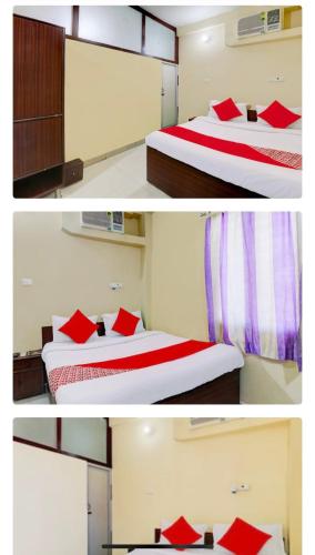two pictures of a bedroom with two beds with red pillows at Red Chilly B&B in Gorakhpur