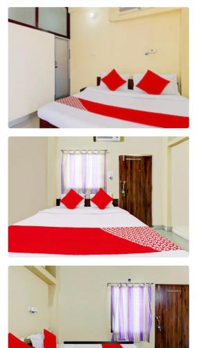 two pictures of a bed with red pillows on it at Red Chilly B&B in Gorakhpur