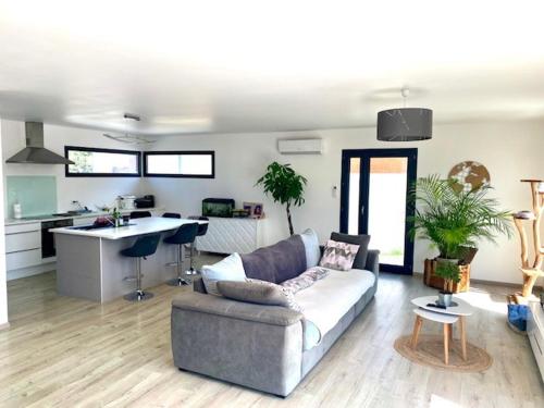 un salon avec un canapé et une cuisine dans l'établissement Villa de 100m² climatisée sur Mèze, à Mèze