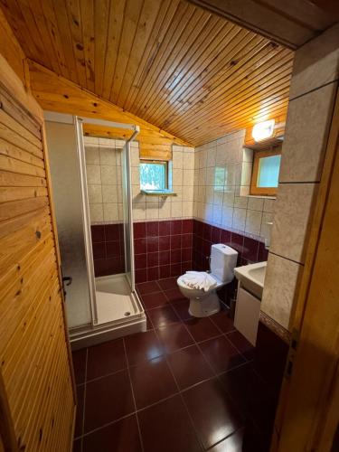 a bathroom with a toilet and a shower and a sink at Hotel Yavuz Bungalow in Cıralı