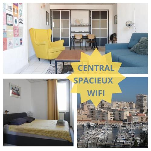 un collage de photos d'un salon et d'une chambre dans l'établissement Spacieux et confort, entre Vieux-port et Pharo, à Marseille