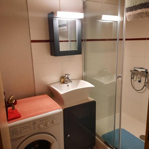 une salle de bain avec un lavabo et une machine à laver dans l'établissement PLAGE et LA MER TRES PROCHE, à Courseulles-sur-Mer