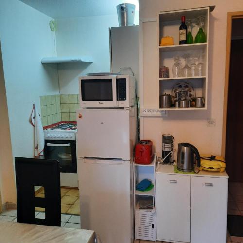 Il comprend une cuisine équipée d'un réfrigérateur et d'un four micro-ondes. dans l'établissement PLAGE et LA MER TRES PROCHE, à Courseulles-sur-Mer