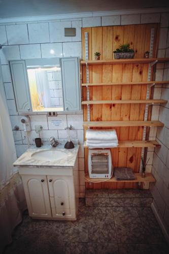 a small bathroom with a sink and a microwave at Vista al volcán con tinaja y río en Conguillío in Curacautín