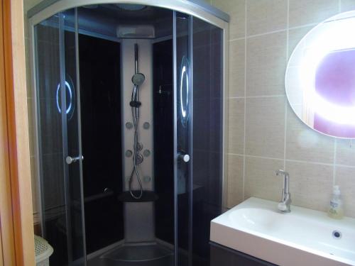 une douche avec une porte vitrée à côté d'un lavabo dans l'établissement Les Vignes, à Saint-Jean-de-Monts