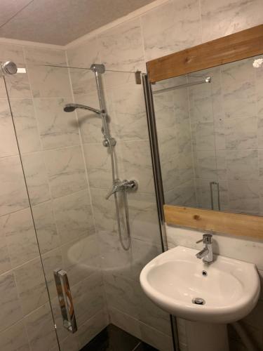 a bathroom with a shower and a sink at L and A Lodges in Port Talbot