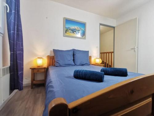 - une chambre avec un lit bleu et 2 oreillers bleus dans l'établissement Le Repos du Canal Wifi Parking Piscine Terasse, à Béziers
