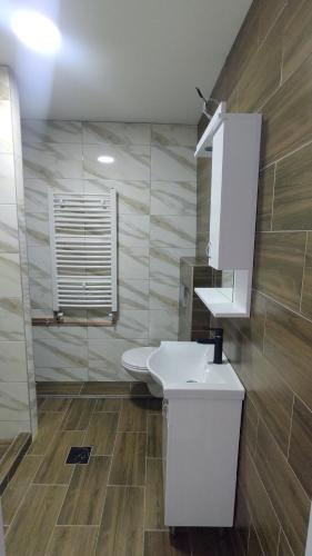 a bathroom with a white sink and a toilet at Apartman BIG 2 Novi Sad in Novi Sad