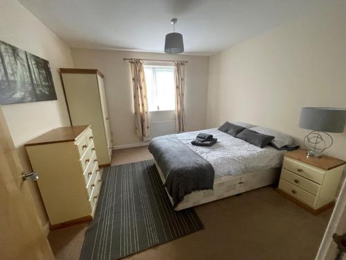 1 dormitorio con 1 cama, vestidor y ventana en Childes Court, en Nuneaton