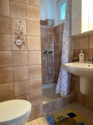 a bathroom with a shower and a toilet and a sink at Károly Vendégház in Hévíz