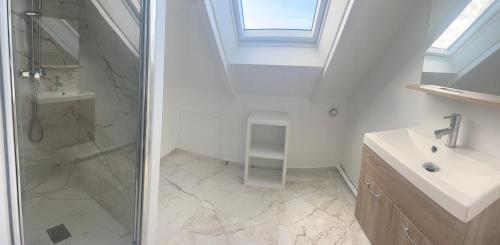 une salle de bain avec douche et lavabo dans l'établissement Le calme et l'air marin, à Gonneville-en-Auge