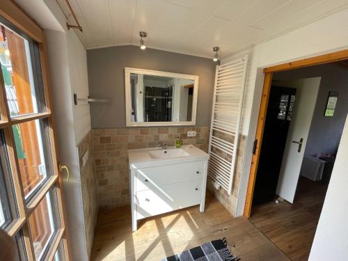 ein Badezimmer mit einem weißen Waschbecken und einem Spiegel in der Unterkunft Haus Frey in Altaussee