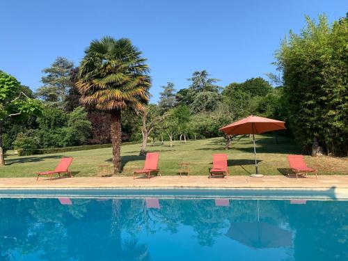 - un groupe de chaises et un parasol à côté de la piscine dans l'établissement Les CHARMES, à Jugy