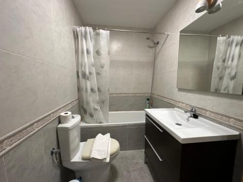 Un baño con inodoro, lavabo y ducha. en Mirador de Sierra Nevada, en Güéjar-Sierra