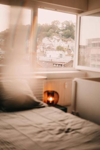 une chambre avec un lit et une fenêtre avec vue dans l'établissement Soirée cinéma quartier Mouillère, à Besançon
